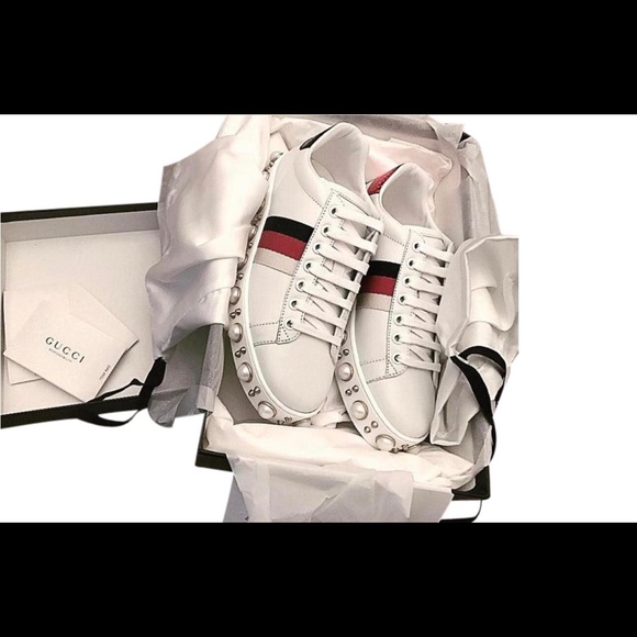Gucci white NEW ACE PEARL stud lace up sneakers.